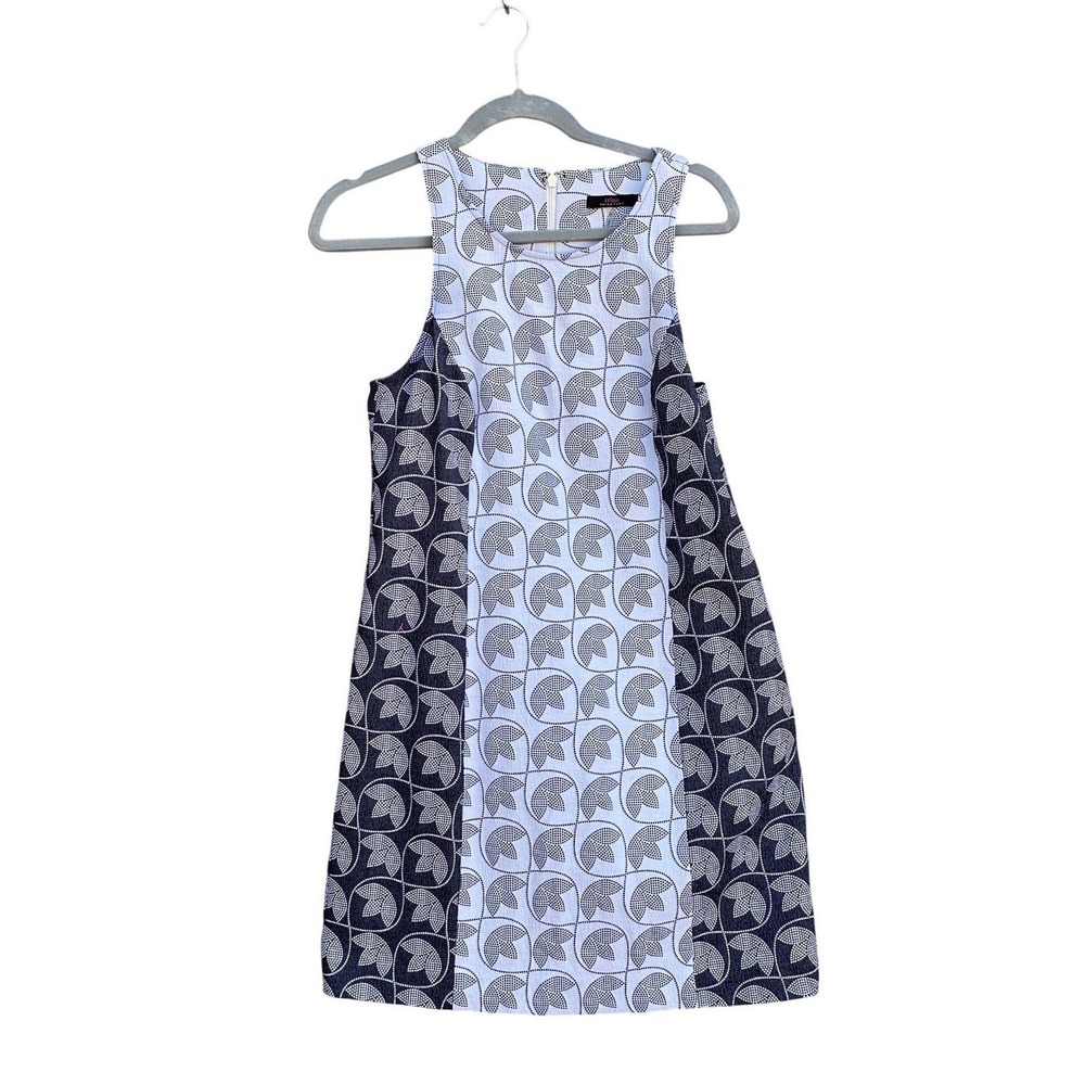 Trina Turk Shift Dress Womens 8 Navy White Geometric Leaf Print